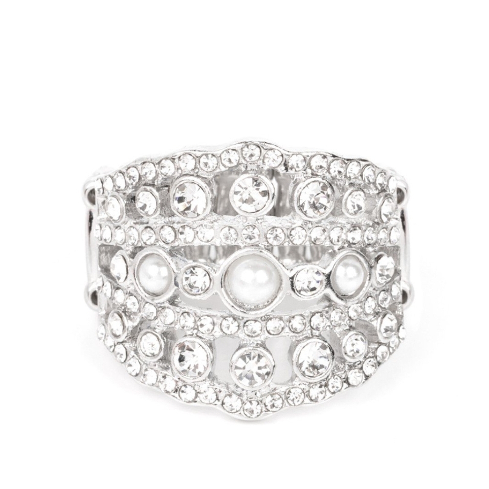 Paparazzi Silver Stretch Ring with Crystal Rhinestones Sailboat Bling Jewelry